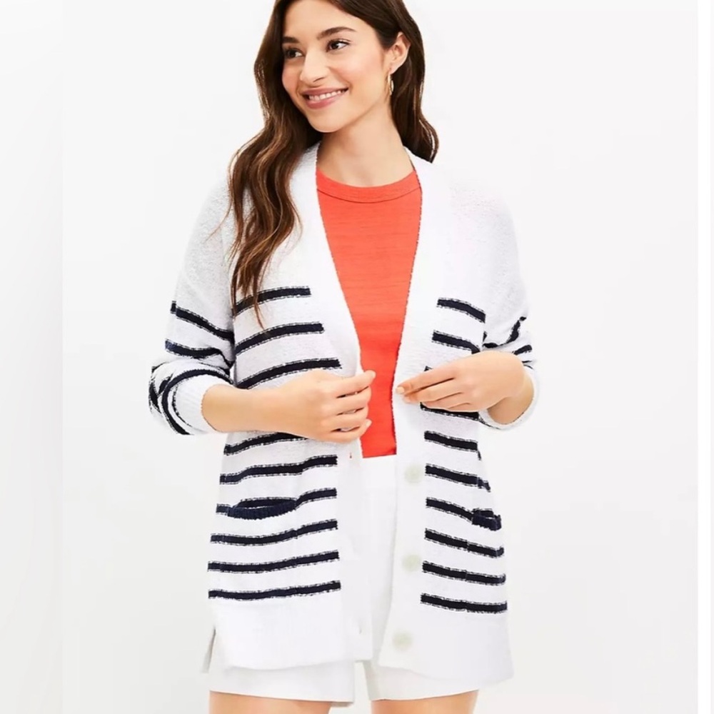 Loft Striped Popcorn Knit Cardigan in Blue and White, Medium